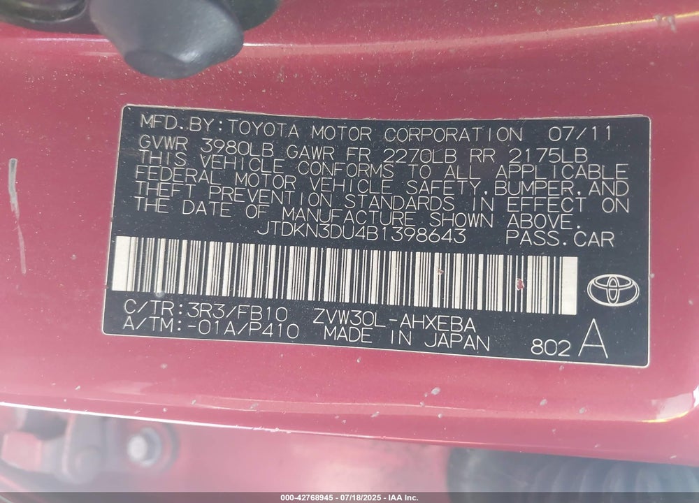 2011 TOYOTA PRIUS VIN: JTDKN3DU4B1398643