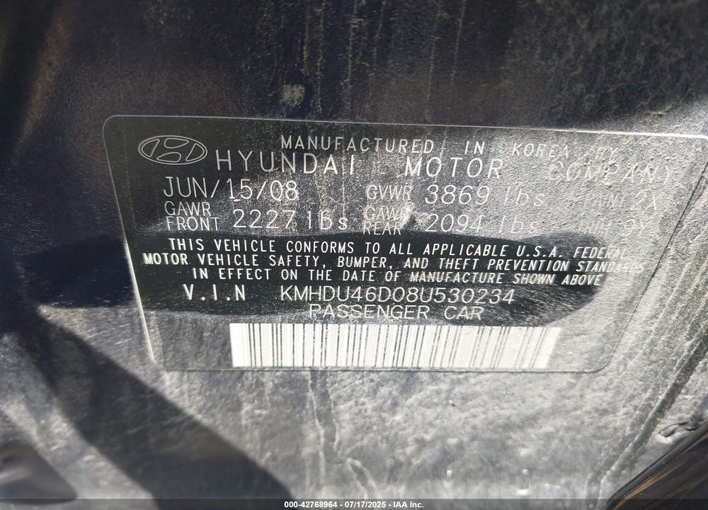 2008 HYUNDAI ELANTRA VIN: KMHDU46D08U530234