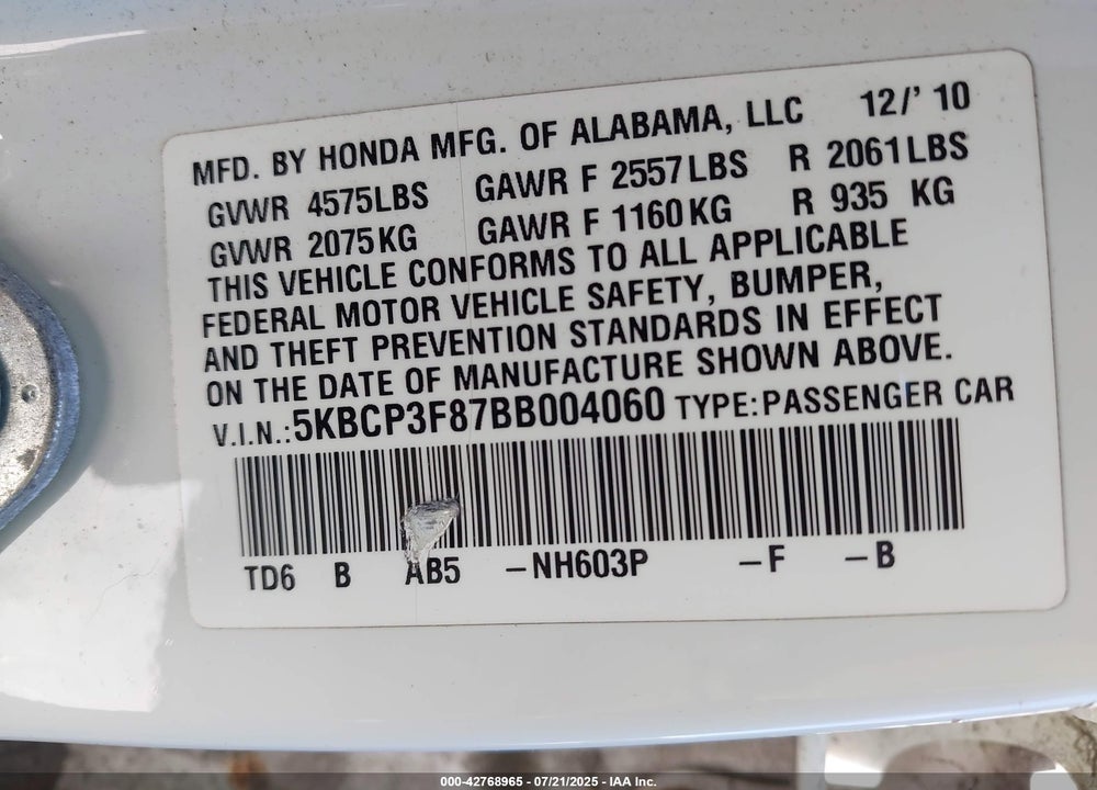 2011 HONDA ACCORD VIN: 5KBCP3F87BB004060
