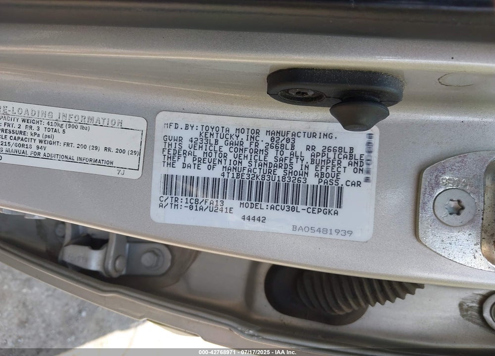 2003 TOYOTA CAMRY VIN: 4T1BE32K83U183263