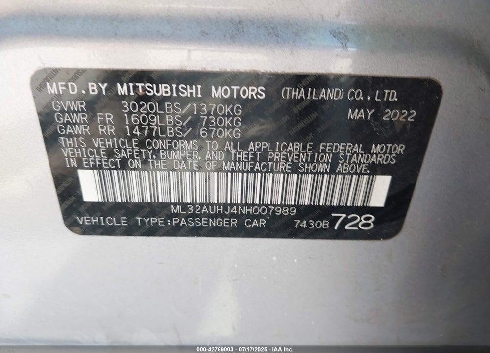 2022 MITSUBISHI MIRAGE VIN: ML32AUHJ4NH007989