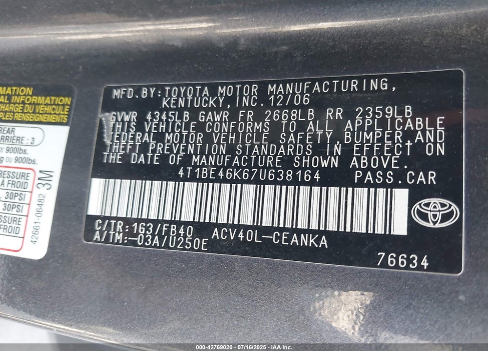 2007 TOYOTA CAMRY VIN: 4T1BE46K67U638164