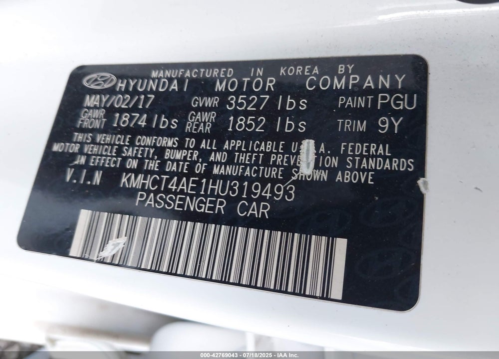 2017 HYUNDAI ACCENT VIN: KMHCT4AE1HU319493