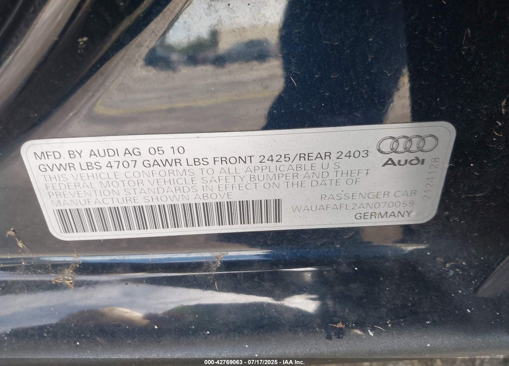 2010 AUDI A4 VIN: WAUAFAFL2AN070059