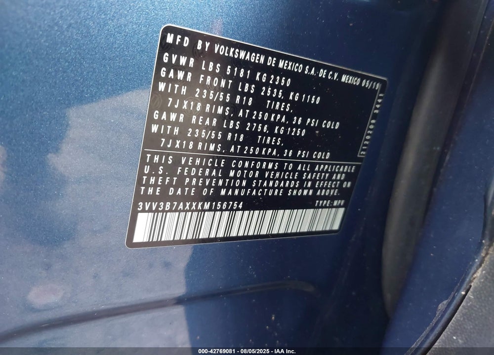 2019 VOLKSWAGEN TIGUAN VIN: 3VV3B7AXXKM156754