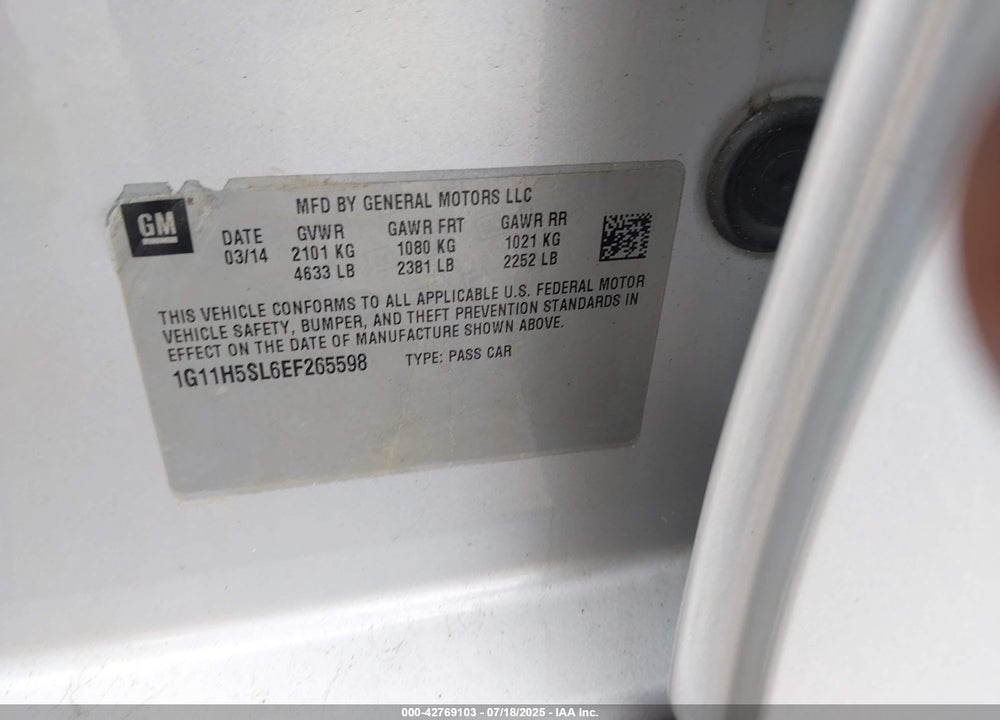 2014 CHEVROLET MALIBU VIN: 1G11H5SL6EF265598