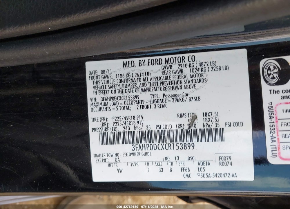 2012 FORD FUSION SPORT VIN: 3FAHP0DCXCR153899