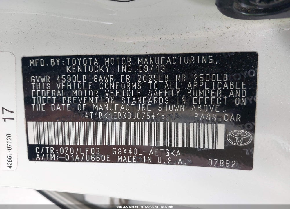 2013 TOYOTA AVALON VIN: 4T1BK1EBXDU075415