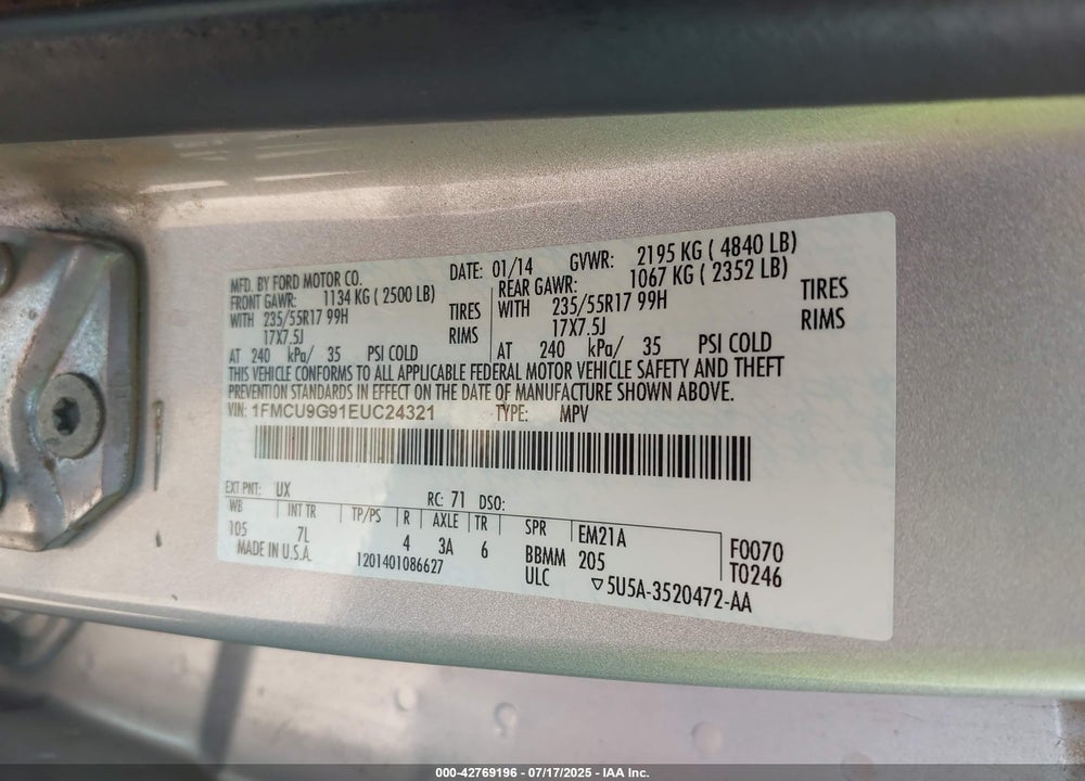 2014 FORD ESCAPE VIN: 1FMCU9G91EUC24321
