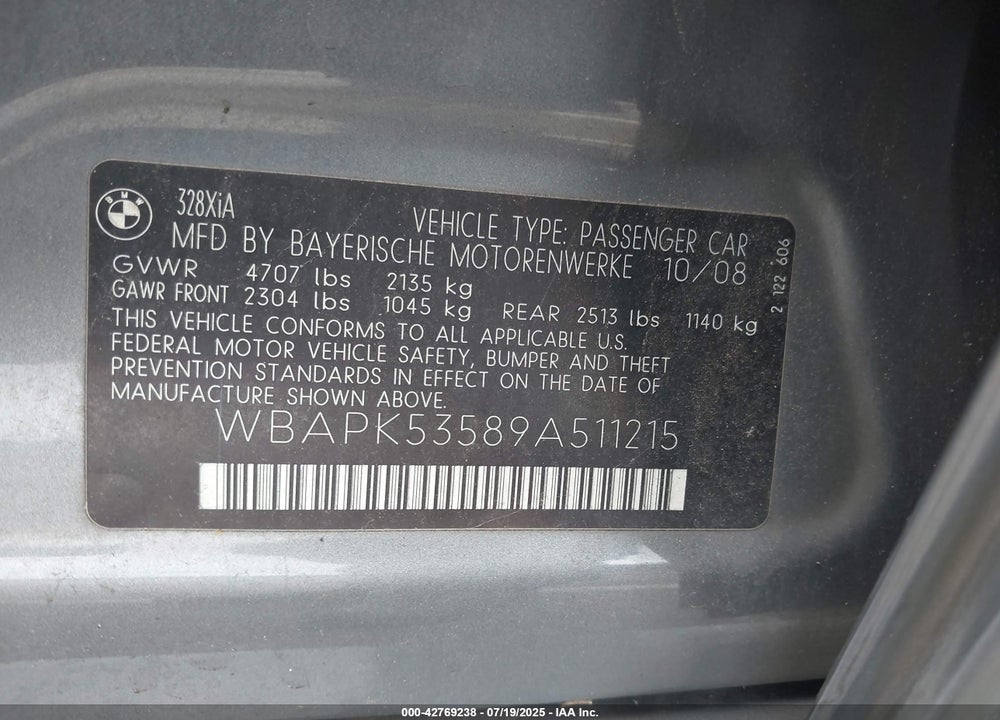 2009 BMW 3 SERIES VIN: WBAPK53589A511215