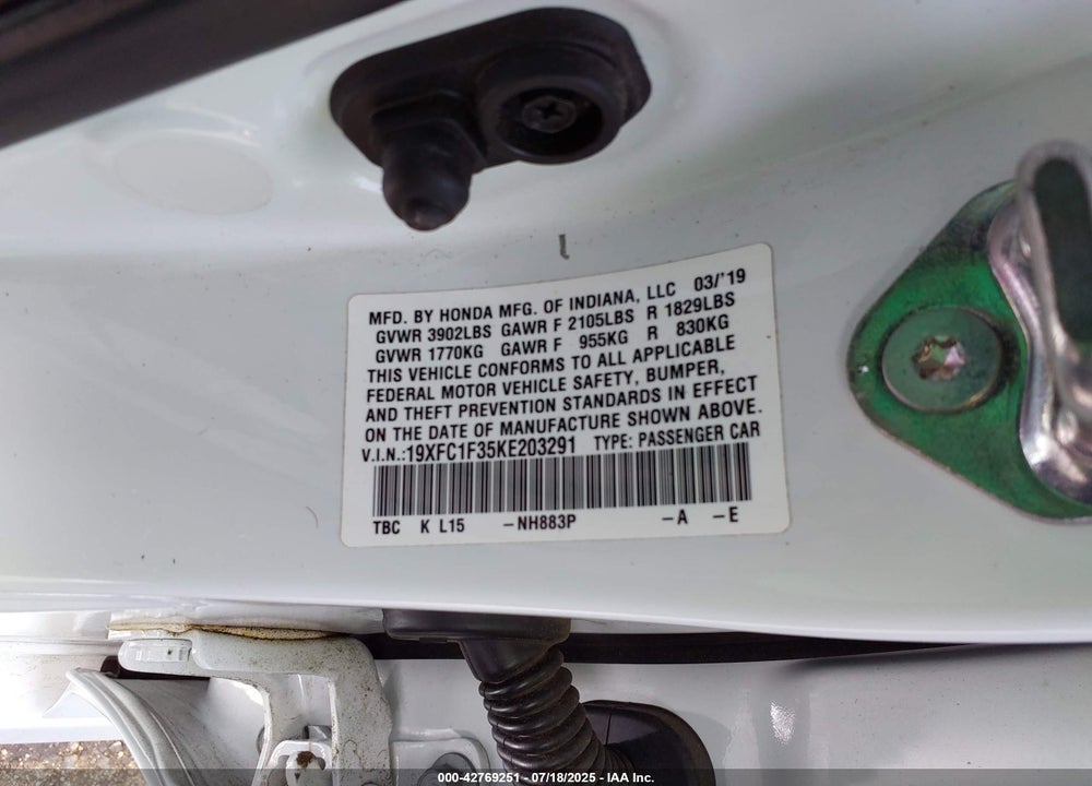 2019 HONDA CIVIC VIN: 19XFC1F35KE203291