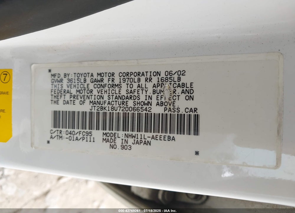 2002 TOYOTA PRIUS VIN: JT2BK18U720066542