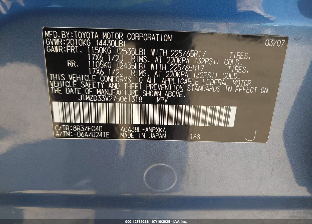 2007 TOYOTA RAV4 VIN: JTMZD33V275061318