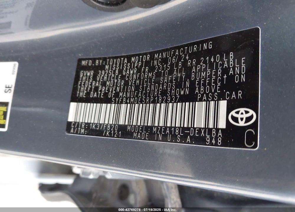 2024 TOYOTA COROLLA VIN: 5YFB4MDE5RP182937