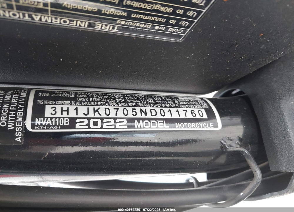 2022 HONDA NVA110 B VIN: 3H1JK0705ND011760