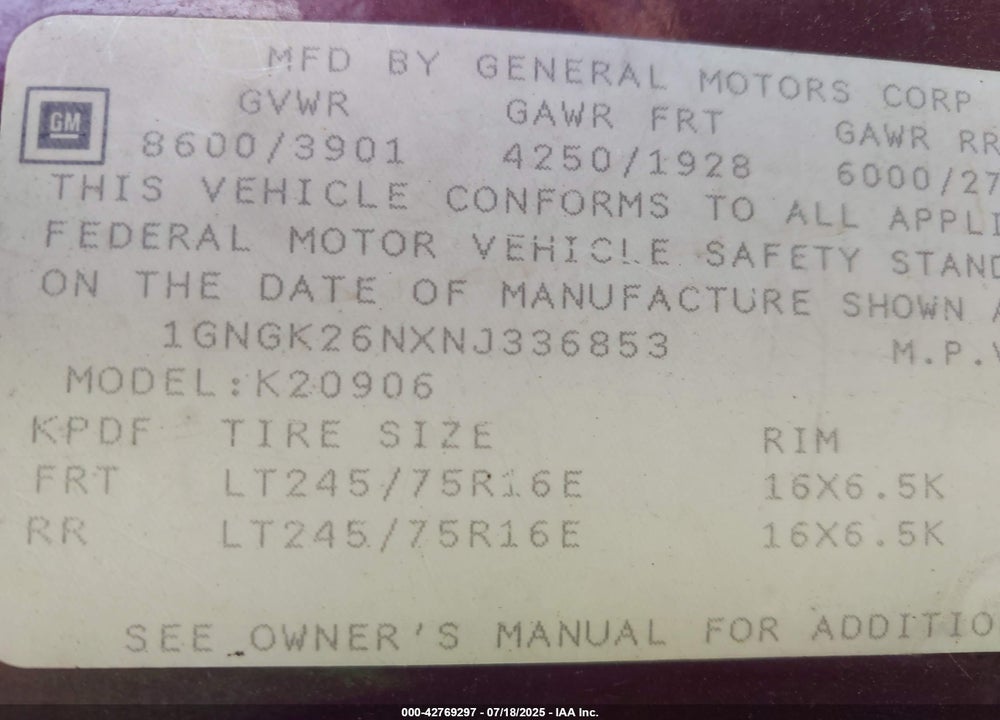 1992 CHEVROLET SUBURBAN K2500 VIN: 1GNGK26NXNJ336853