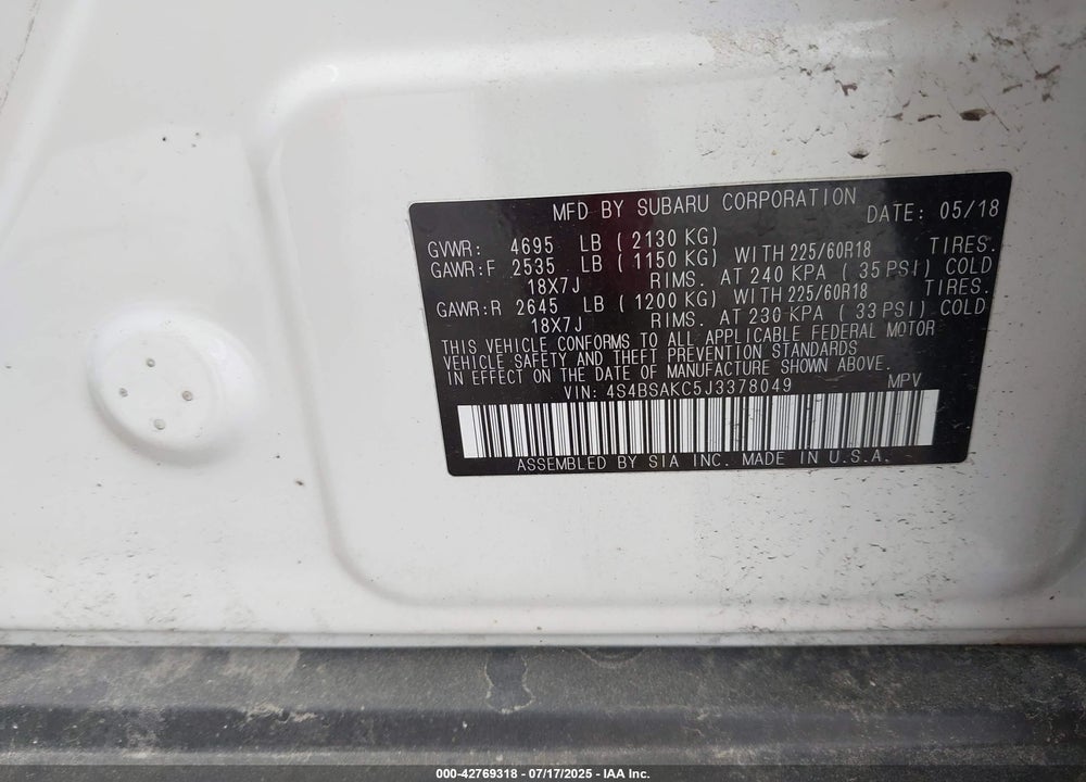 2018 SUBARU OUTBACK VIN: 4S4BSAKC5J3378049