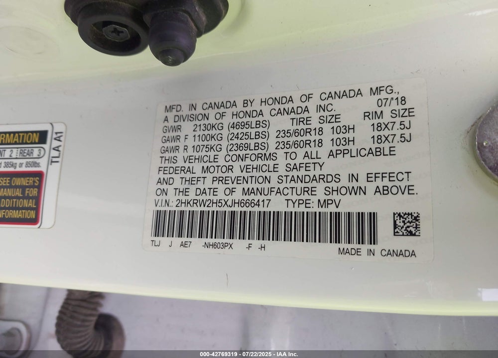 2018 HONDA CR-V VIN: 2HKRW2H5XJH666417