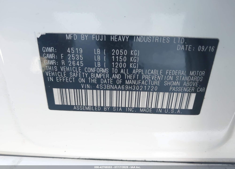 2017 SUBARU LEGACY VIN: 4S3BNAA69H3021720
