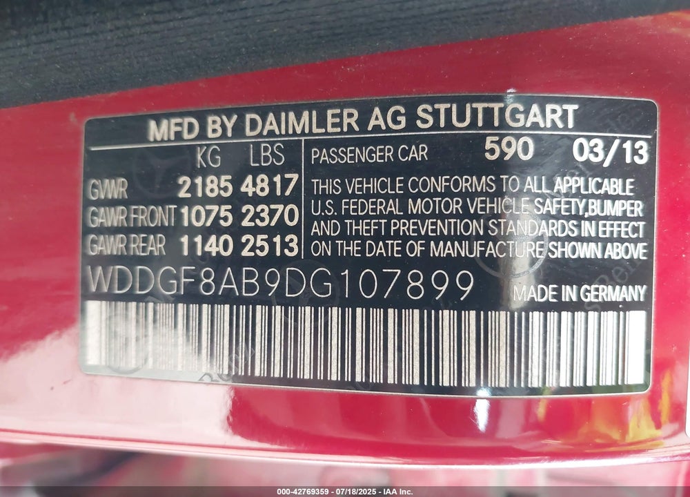 2013 MERCEDES-BENZ C CLASS VIN: WDDGF8AB9DG107899