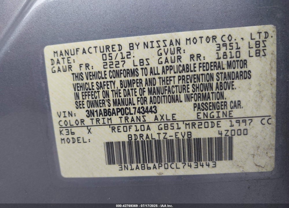 2012 NISSAN SENTRA 2.0 S VIN: 3N1AB6AP0CL743443