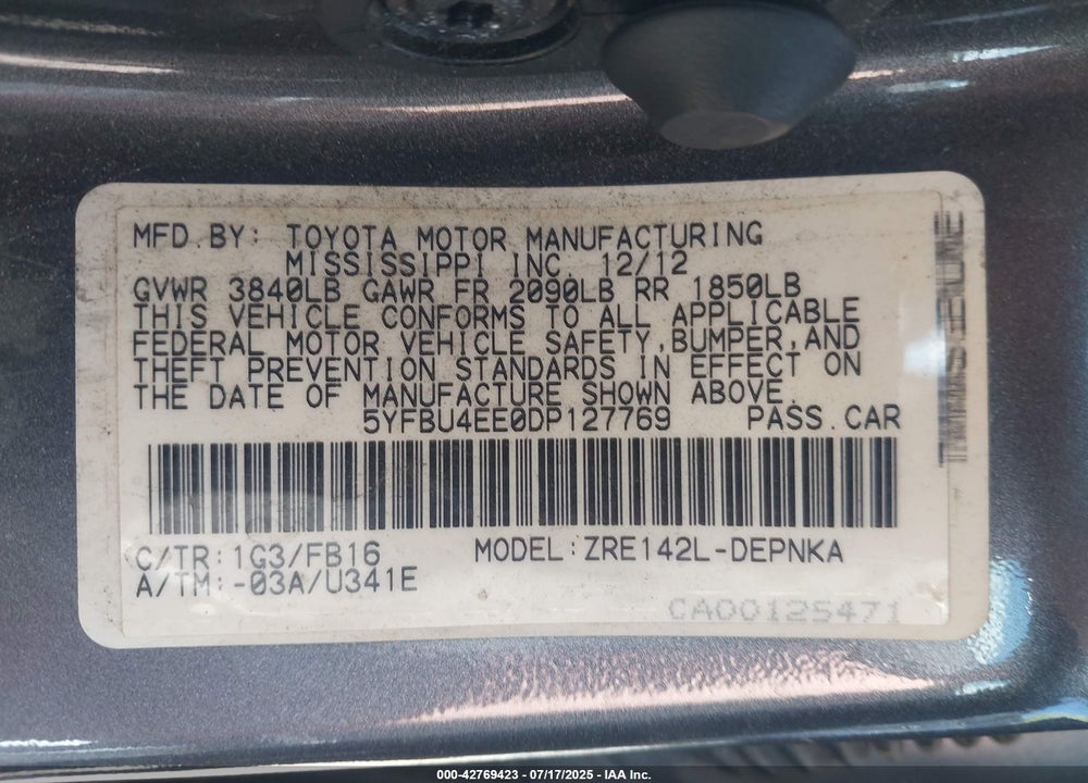 2013 TOYOTA COROLLA VIN: 5YFBU4EE0DP127769
