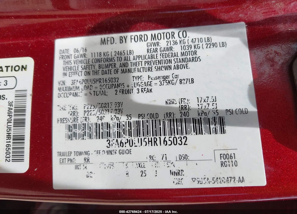 2017 FORD FUSION VIN: 3FA6P0LU5HR165032