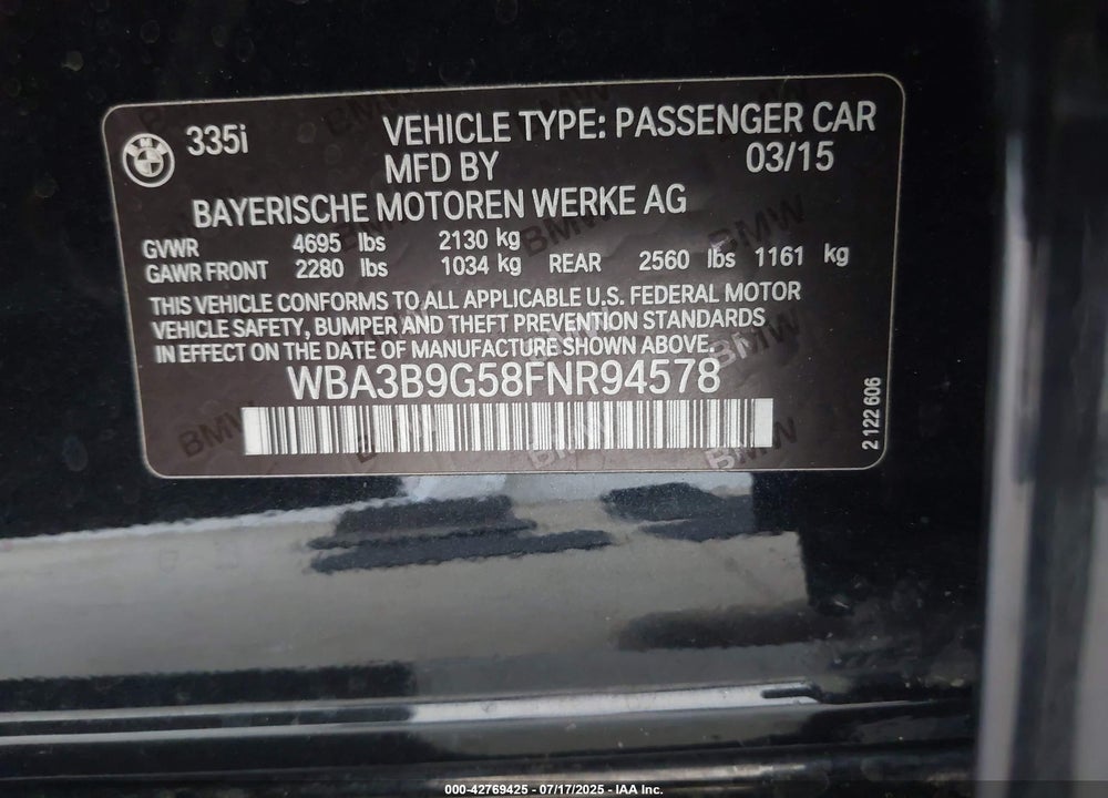 2015 BMW 3 SERIES VIN: WBA3B9G58FNR94578