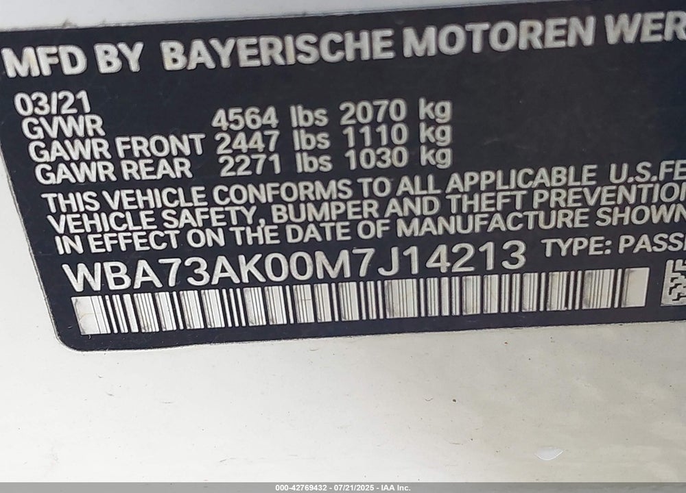2021 BMW 2 SERIES VIN: WBA73AK00M7J14213