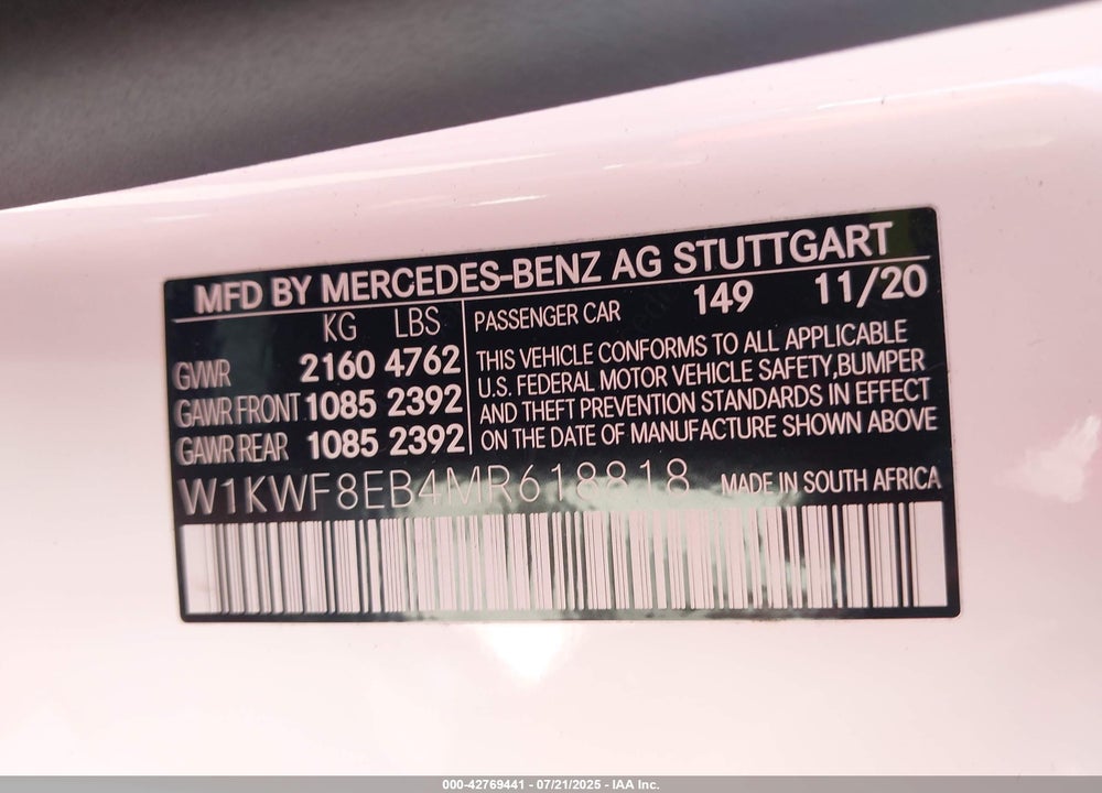 2021 MERCEDES-BENZ C 300 4MATIC VIN: W1KWF8EB4MR618818