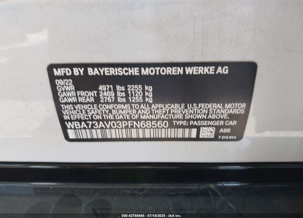 2023 BMW 4 SERIES VIN: WBA73AV03PFN68560