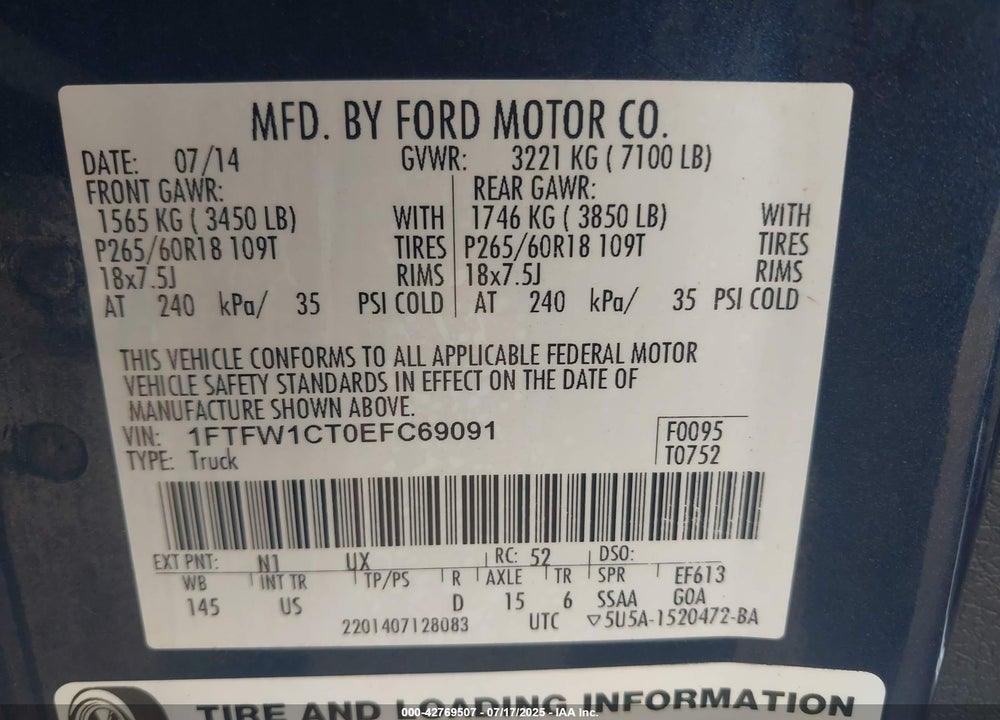 2014 FORD F-150 VIN: 1FTFW1CT0EFC69091