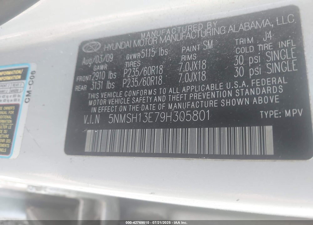 2009 HYUNDAI SANTA FE VIN: 5NMSH13E79H305801
