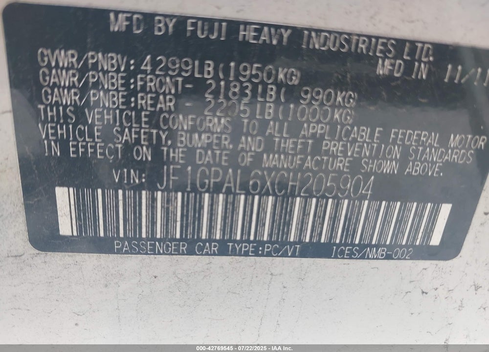 2012 SUBARU IMPREZA VIN: JF1GPAL6XCH205904