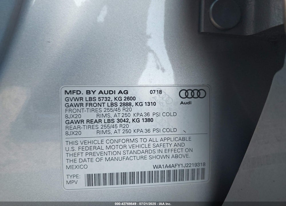 2018 AUDI SQ5 VIN: WA1A4AFY1J2219318