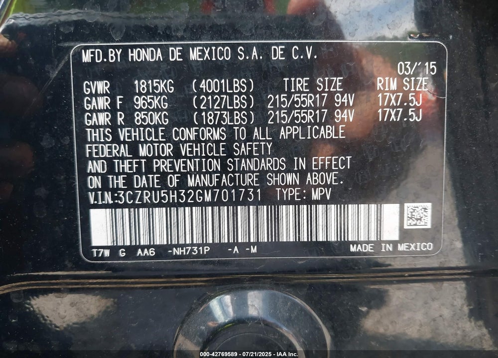 2016 HONDA HR-V VIN: 3CZRU5H32GM701731