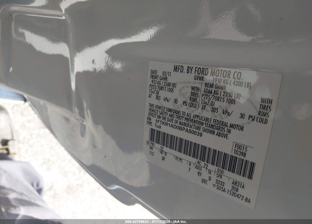 2011 FORD RANGER VIN: 1FTKR1AD0BPA50039