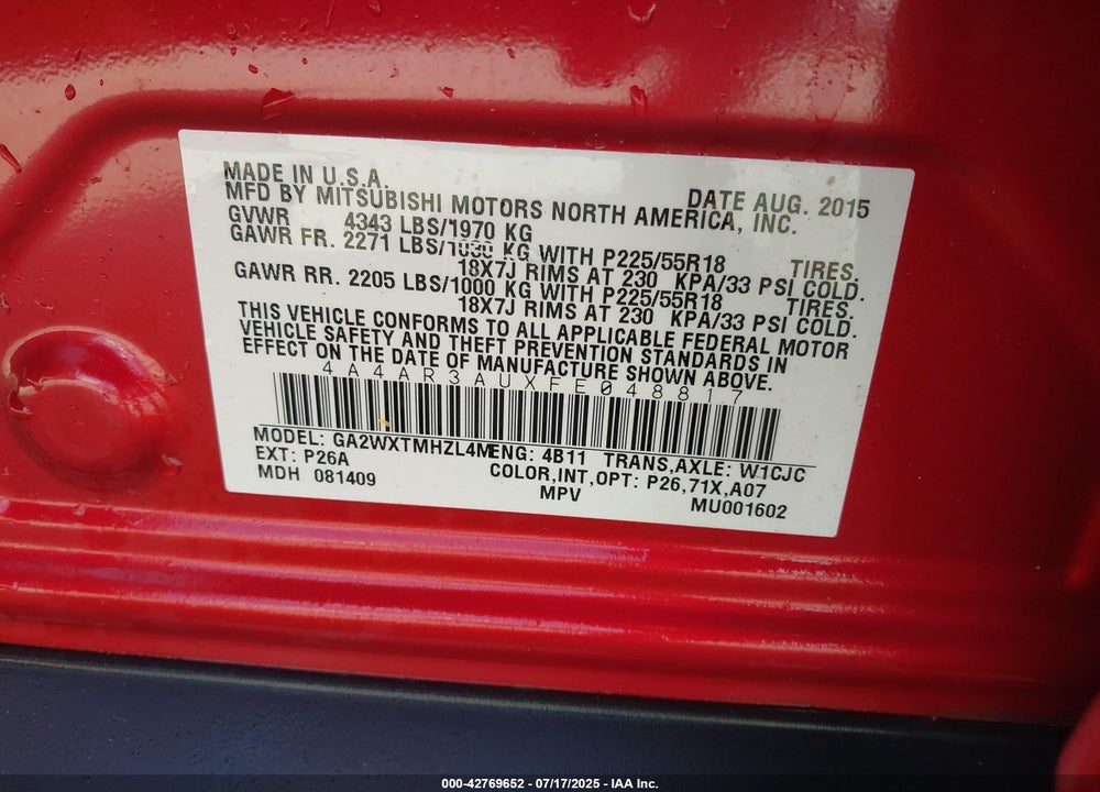 2015 MITSUBISHI OUTLANDER SPORT VIN: 4A4AR3AUXFE048817