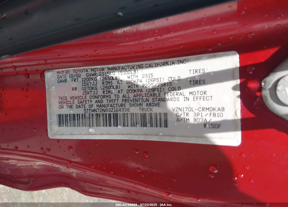 2003 TOYOTA TACOMA BASE V6 VIN: 5TEWN72N83Z164338