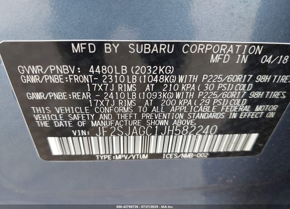 2018 SUBARU FORESTER VIN: JF2SJAGC1JH582240