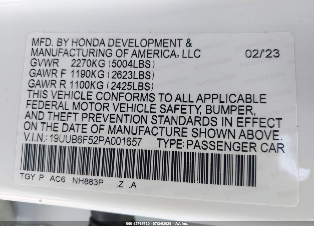 2023 ACURA TLX VIN: 19UUB6F52PA001657