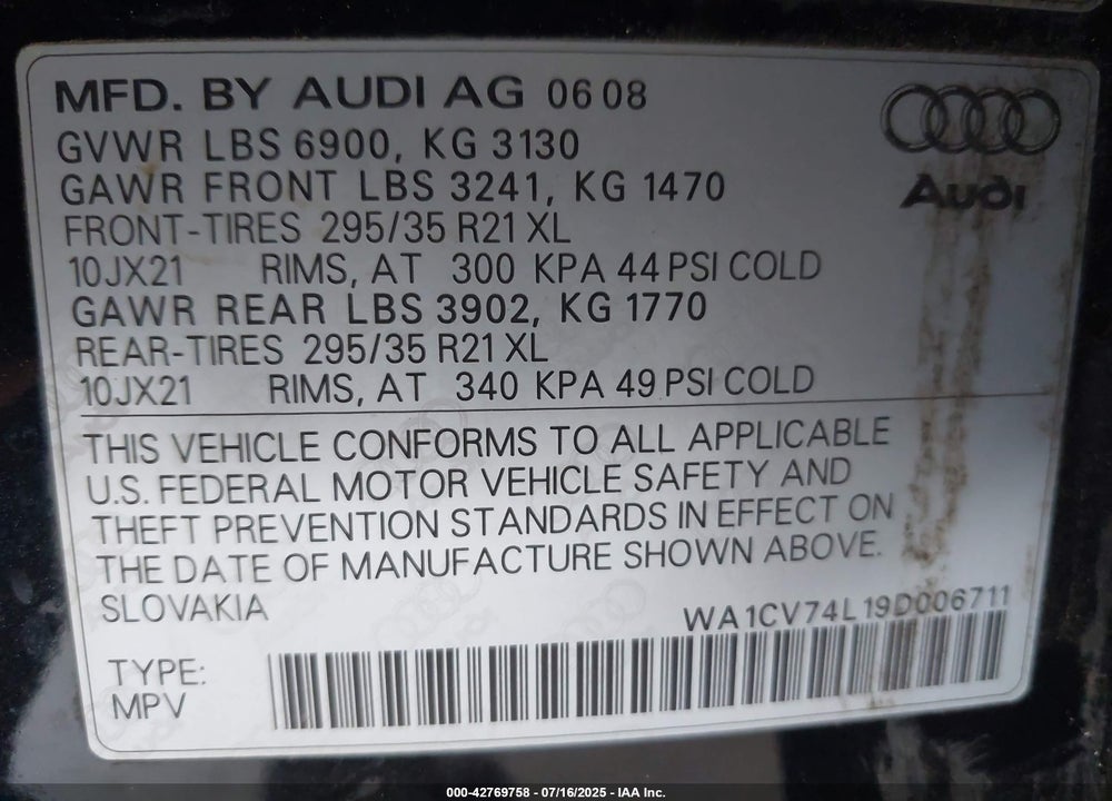 2009 AUDI Q7 VIN: WA1CV74L19D006711