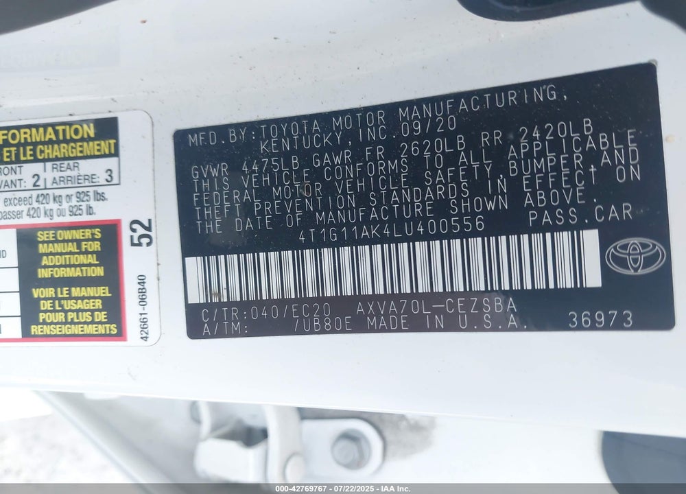 2020 TOYOTA CAMRY VIN: 4T1G11AK4LU400556