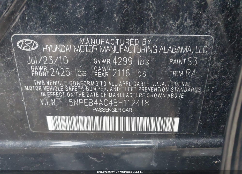 2011 HYUNDAI SONATA VIN: 5NPEB4AC4BH112418