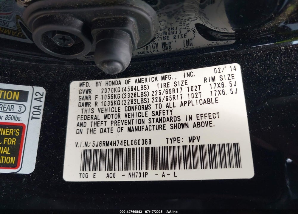 2014 HONDA CR-V VIN: 5J6RM4H74EL060089
