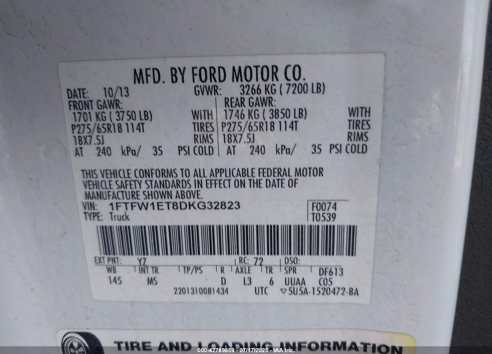 2013 FORD F-150 VIN: 1FTFW1ET8DKG32823