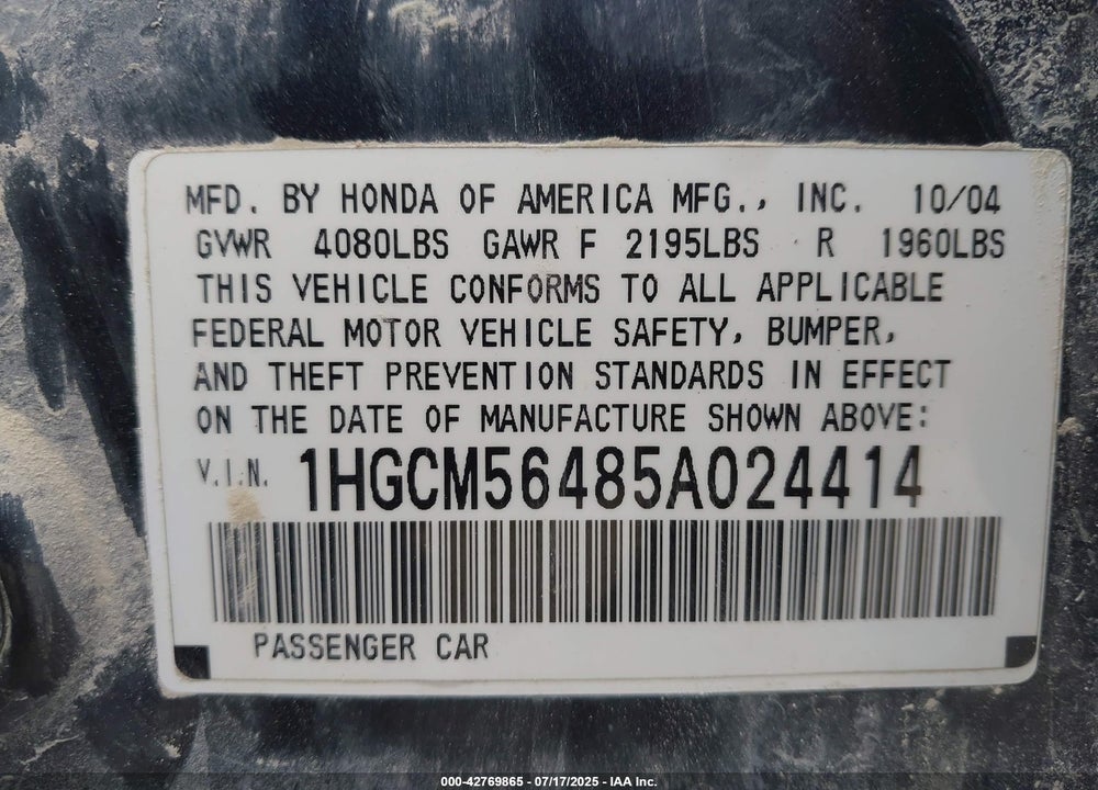2005 HONDA ACCORD 2.4 LX VIN: 1HGCM56485A024414