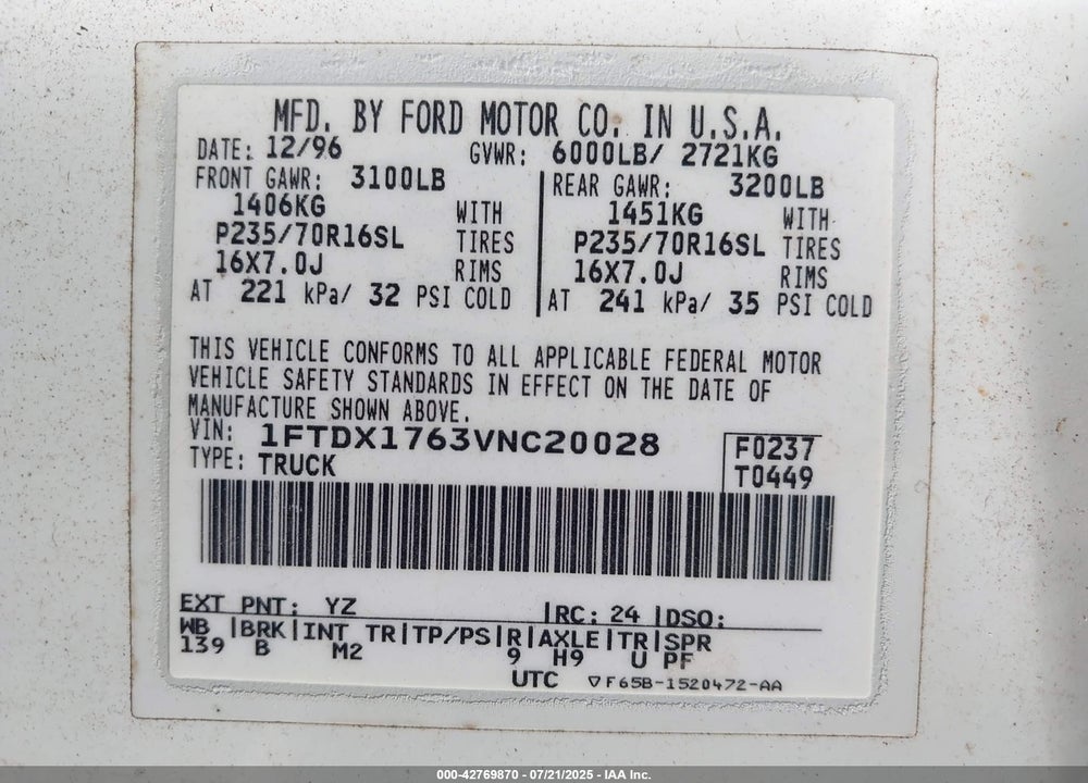 1997 FORD F-150 LARIAT/STANDARD/XL/XLT VIN: 1FTDX1763VNC20028