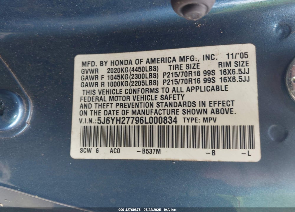 2006 HONDA ELEMENT VIN: 5J6YH27796L000834