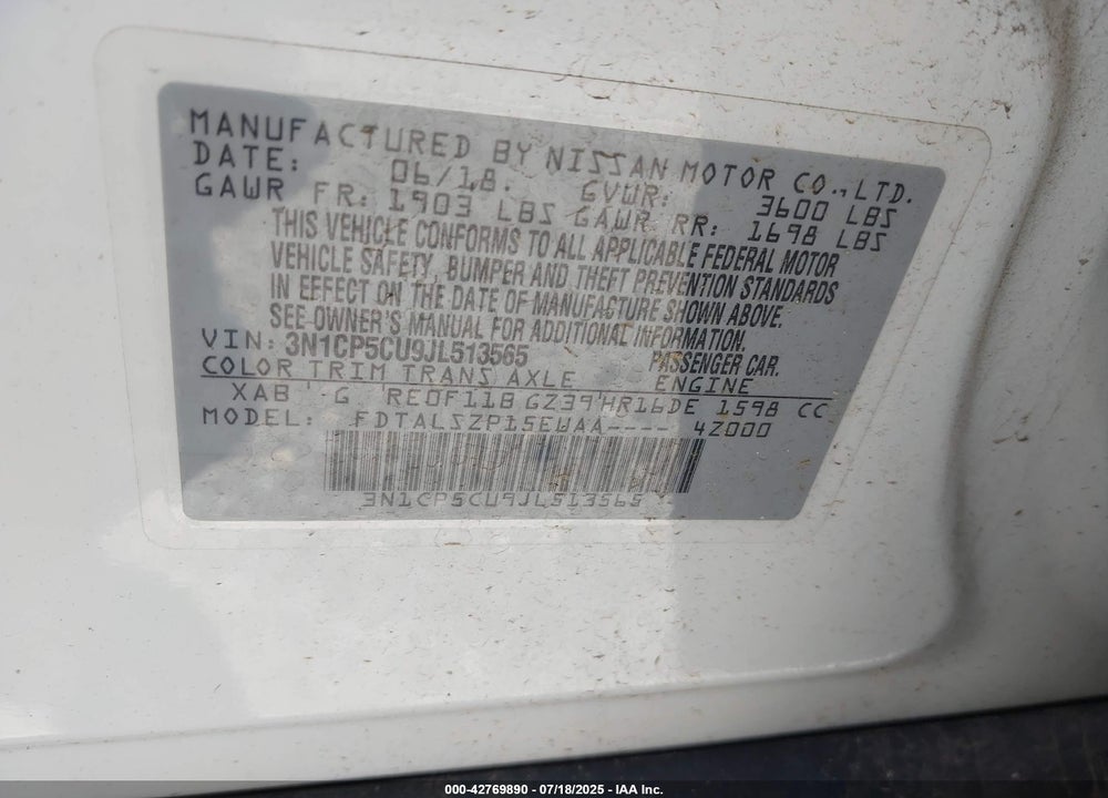 2018 NISSAN KICKS VIN: 3N1CP5CU9JL513565